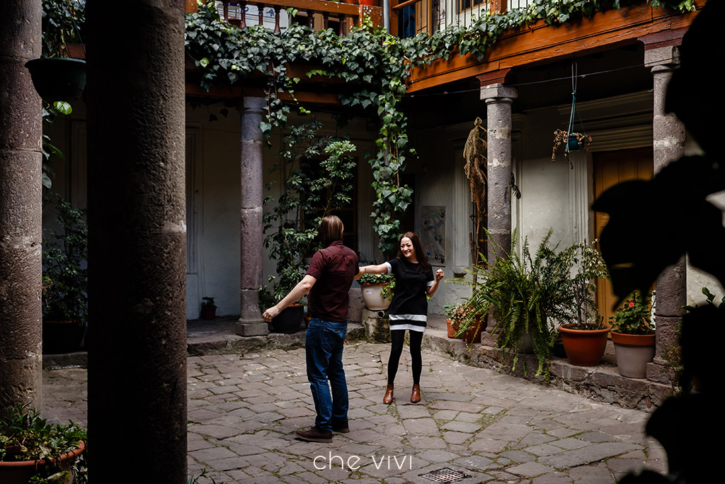 Couple dancing on a colonial patio oldtown Quito engagement photos