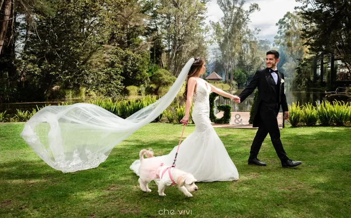 Pareja de recién casados caminando junto a su perrita en La Palma Polo Club